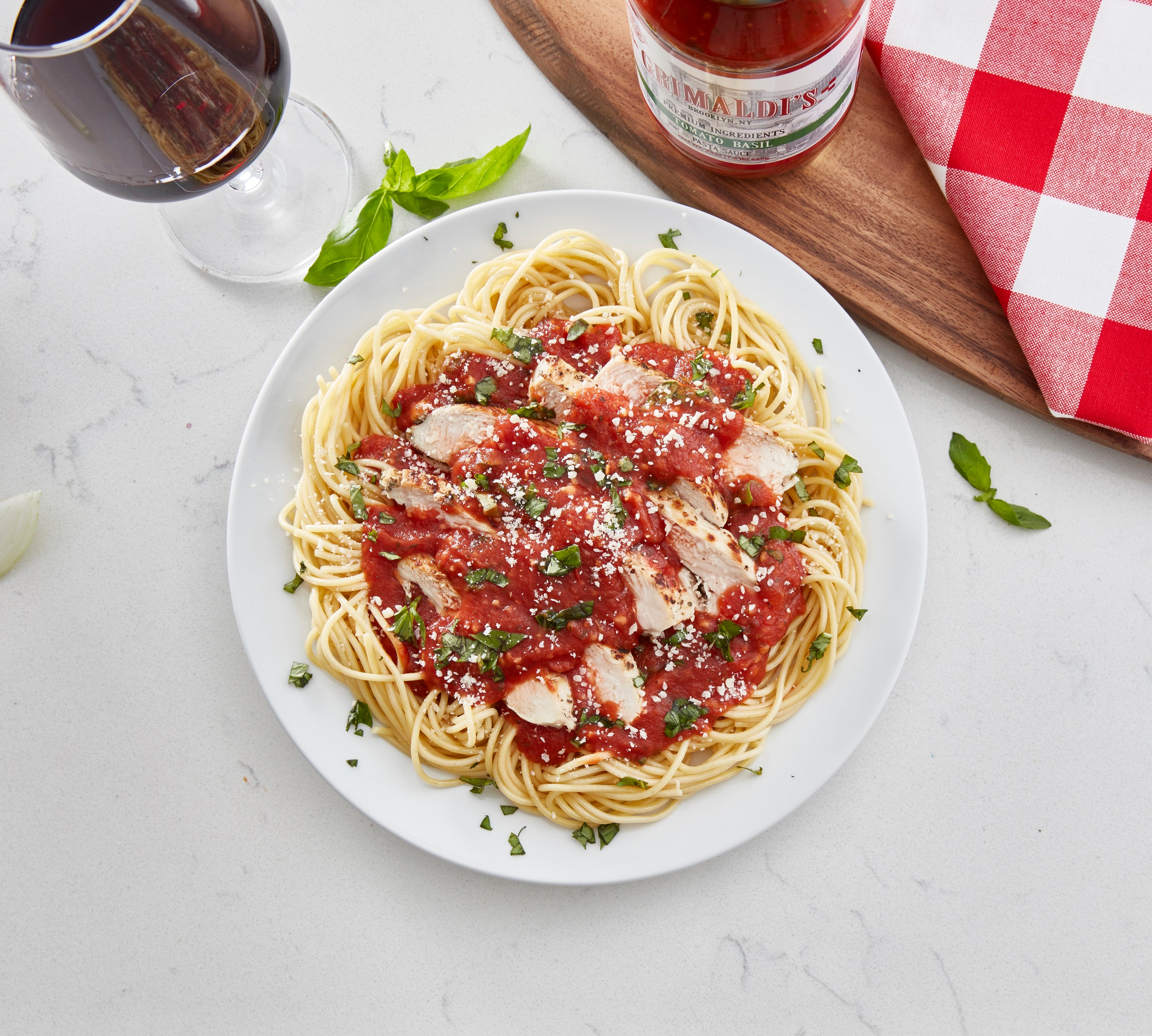 From the Cabinet Spice Chicken and Spaghetti with Tomato Basil Sauce