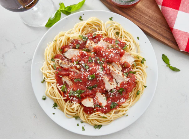 From the Cabinet Spice Chicken and Spaghetti with Tomato Basil Sauce